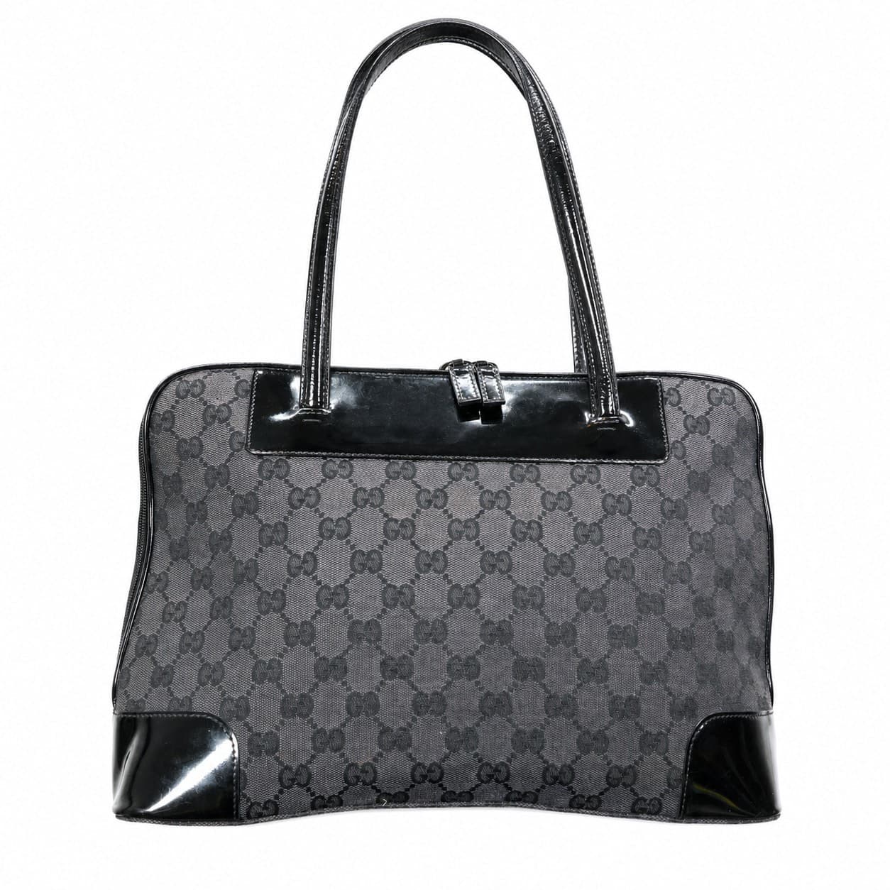 Gucci GG Monogram Canvas Black Patent Leather Shoulder Bag Handbag Purse