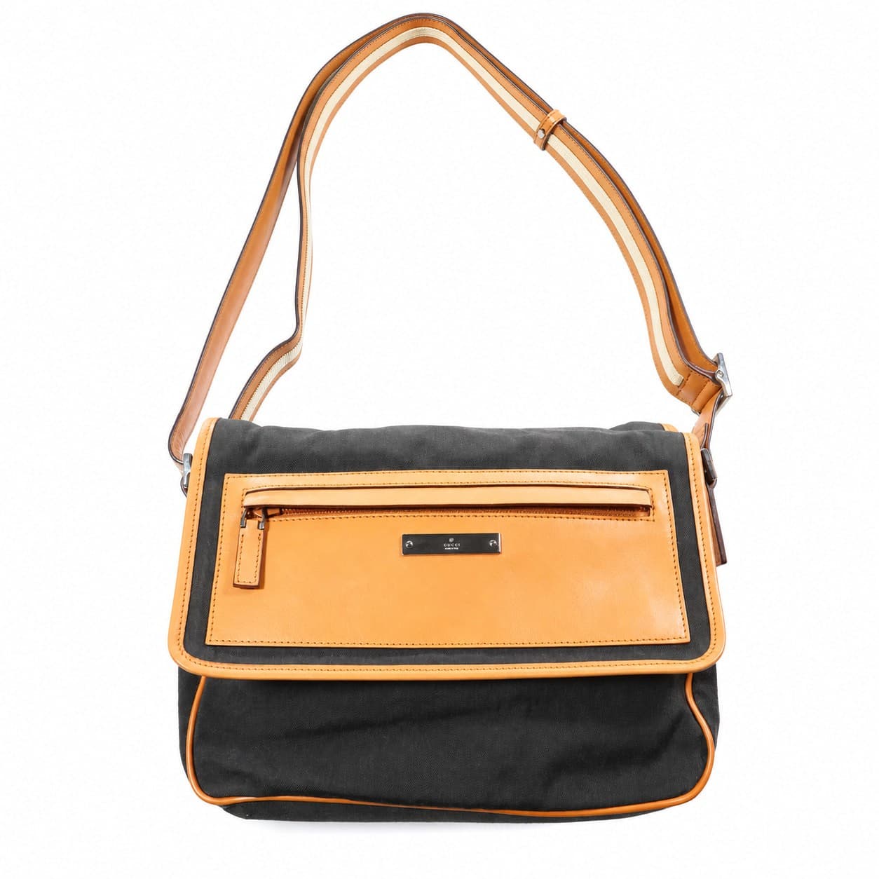 Gucci Black Canvas Leather Trim Messenger Shoulder Bag Crossbody Handbag Purse