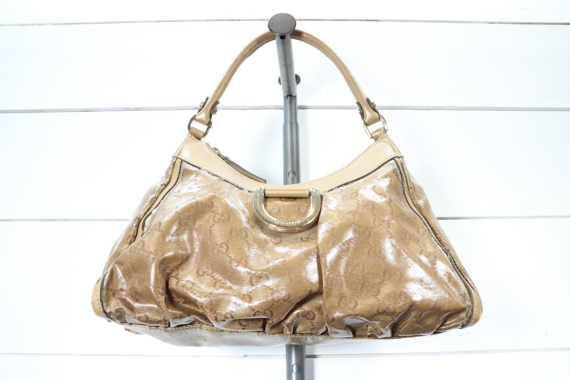 Gucci Abbey D-Ring GG Canvas Leather Hobo Shoulder Bag Beige Gold