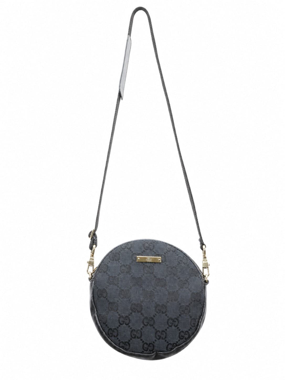 Gucci GG Monogram Canvas Round Crossbody Bag Purse Handbag Black Leather