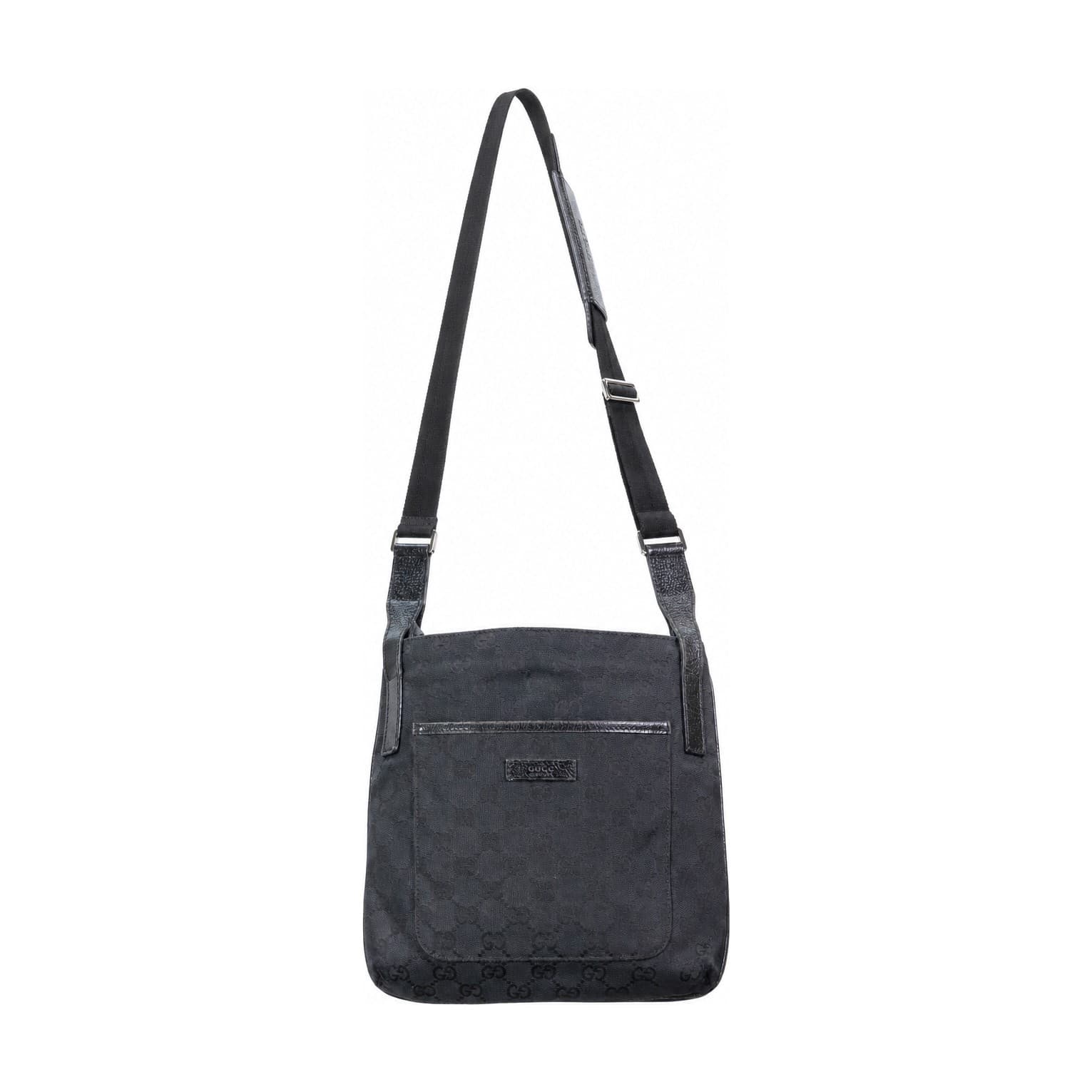 Gucci Black GG Canvas Crossbody Messenger Shoulder Bag Purse Leather Trim