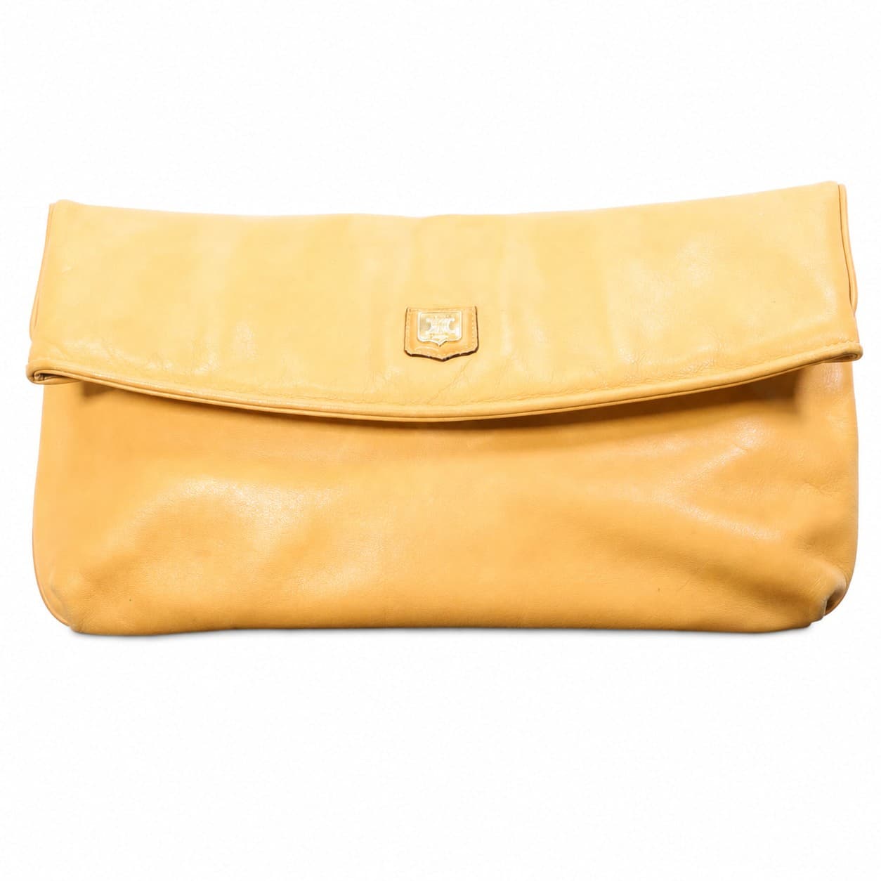 Celine Leather Carriage Logo Clutch Handbag Purse Bag Tan Gold Hardware