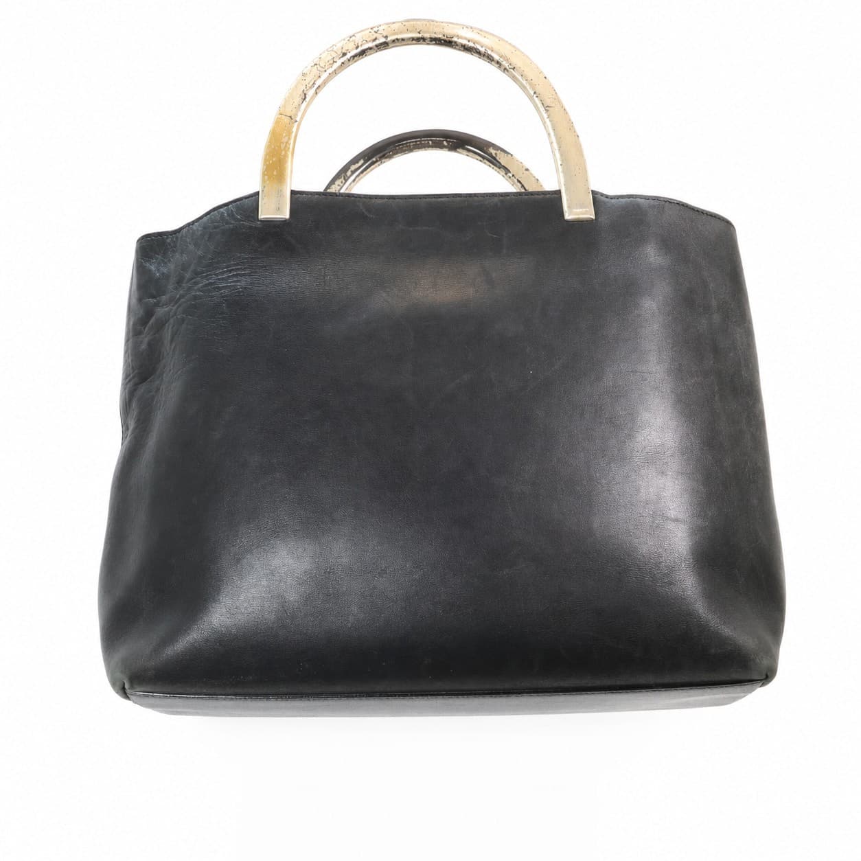 Prada Black Leather Top Handle Handbag Bag Purse Tote White Handles