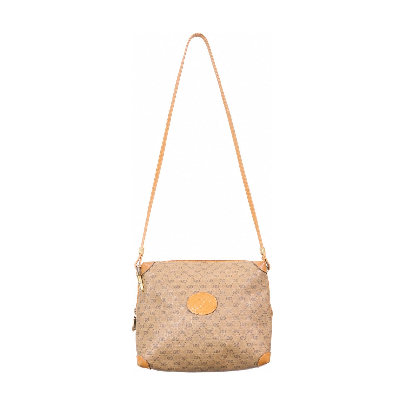Gucci GG Monogram Canvas Crossbody Shoulder Bag Handbag Purse Tan Leather