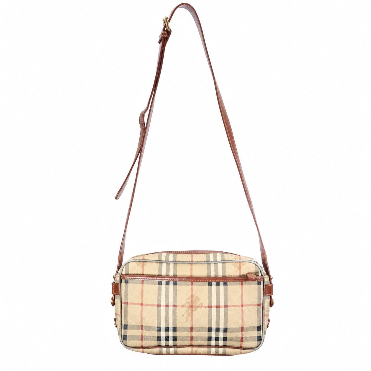 Burberrys Haymarket Check Coated Canvas Leather Crossbody Shoulder Bag