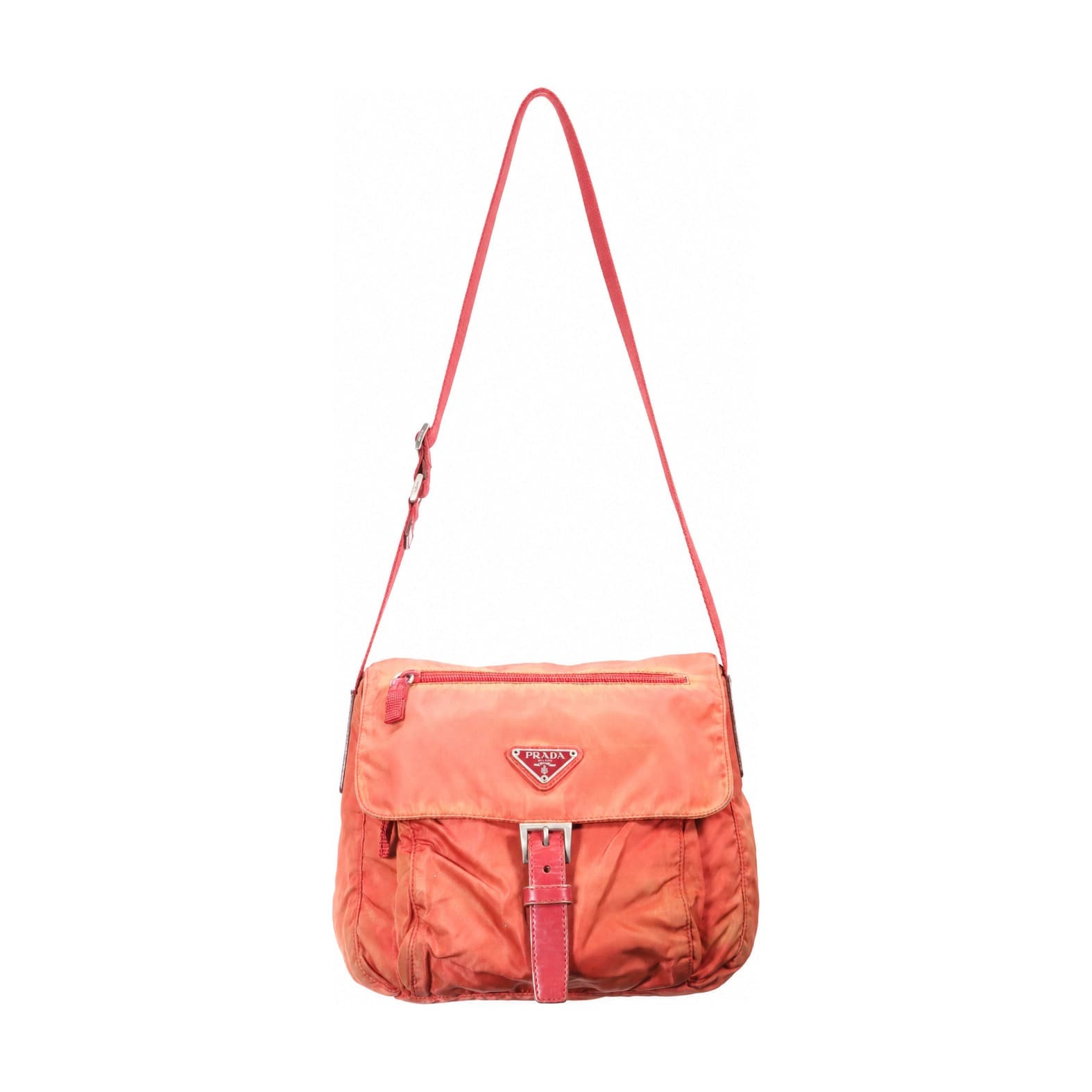 Prada Tessuto Nylon Crossbody Messenger Bag Handbag Purse Coral Orange Leather Trim Buckle