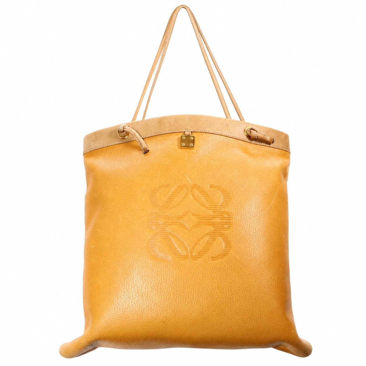 Loewe Anagram Embossed Leather Tote Shoulder Bag Handbag Tan Camel Suede