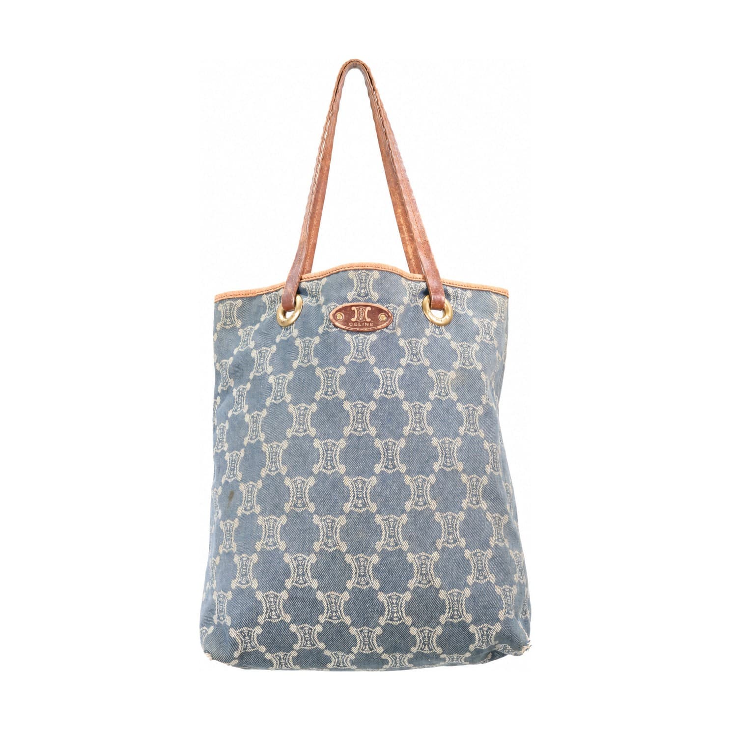 Celine Macadam Canvas Denim Tote Bag Handbag Purse Blue Leather Trim