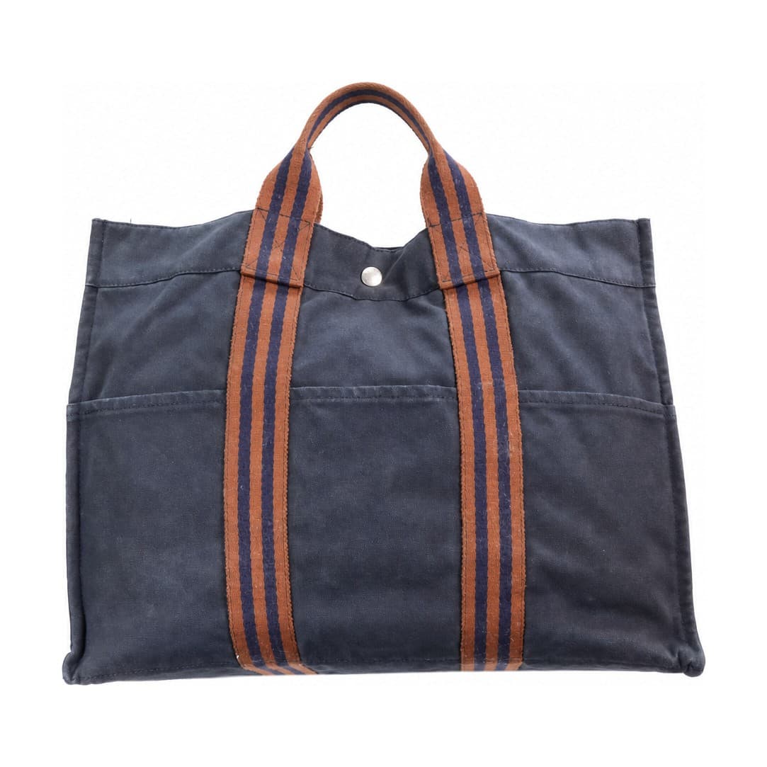 Hermès Fourre Tout MM Navy Canvas Orange Striped Tote Bag Handbag Purse