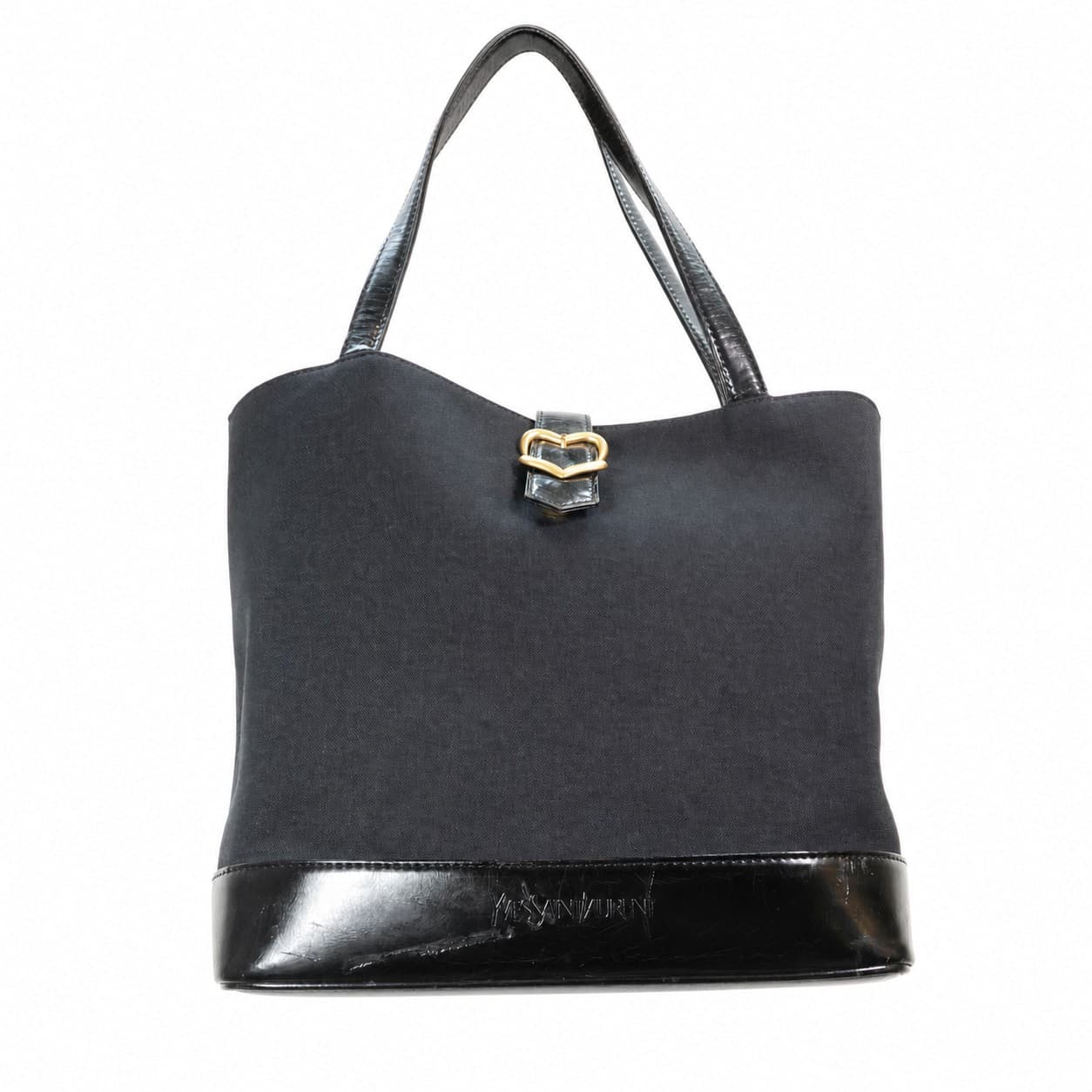Yves Saint Laurent Canvas Patent Leather Tote Bag Handbag Purse Black Heart