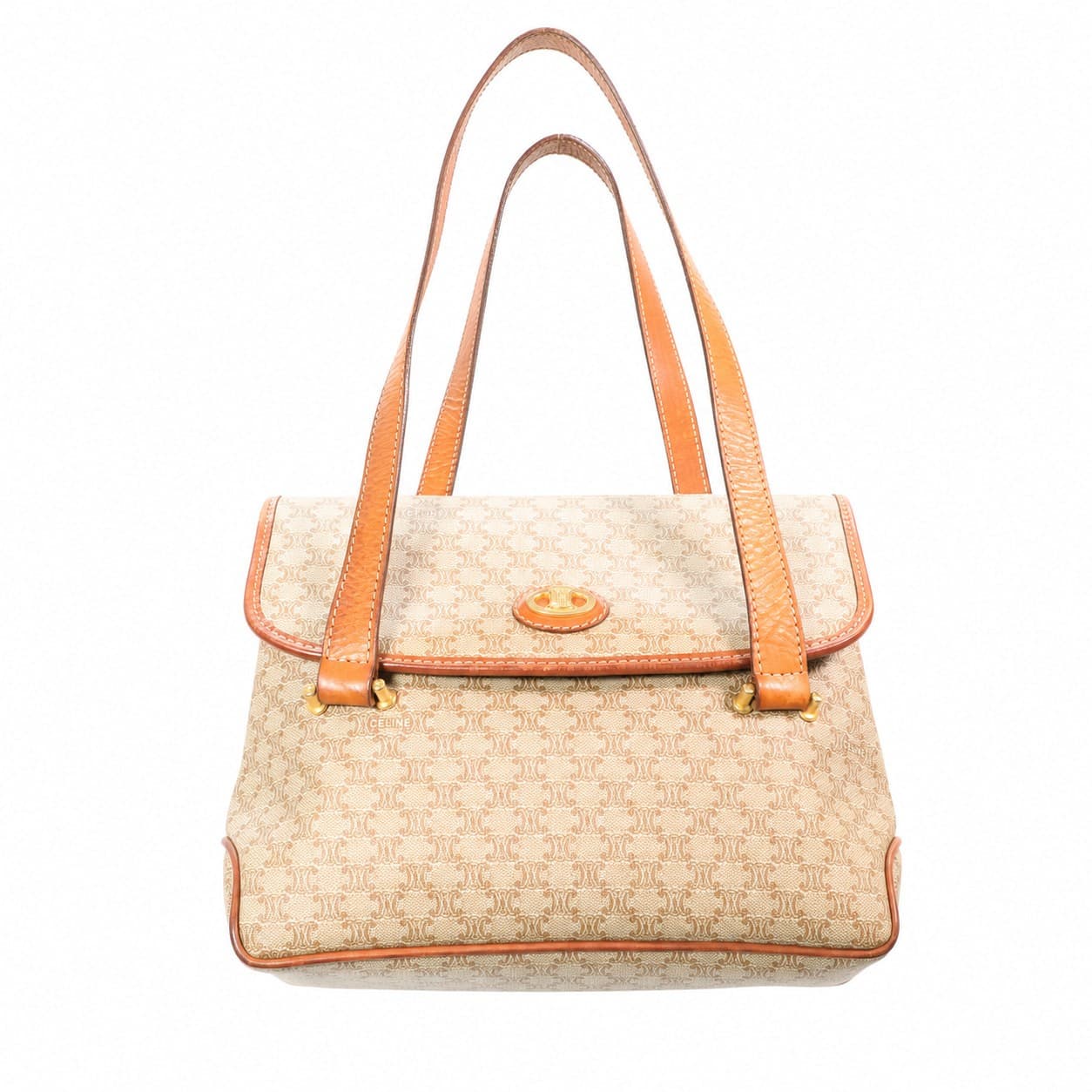 Celine Macadam Canvas Leather Shoulder Bag Handbag Purse Beige Gold Hardware