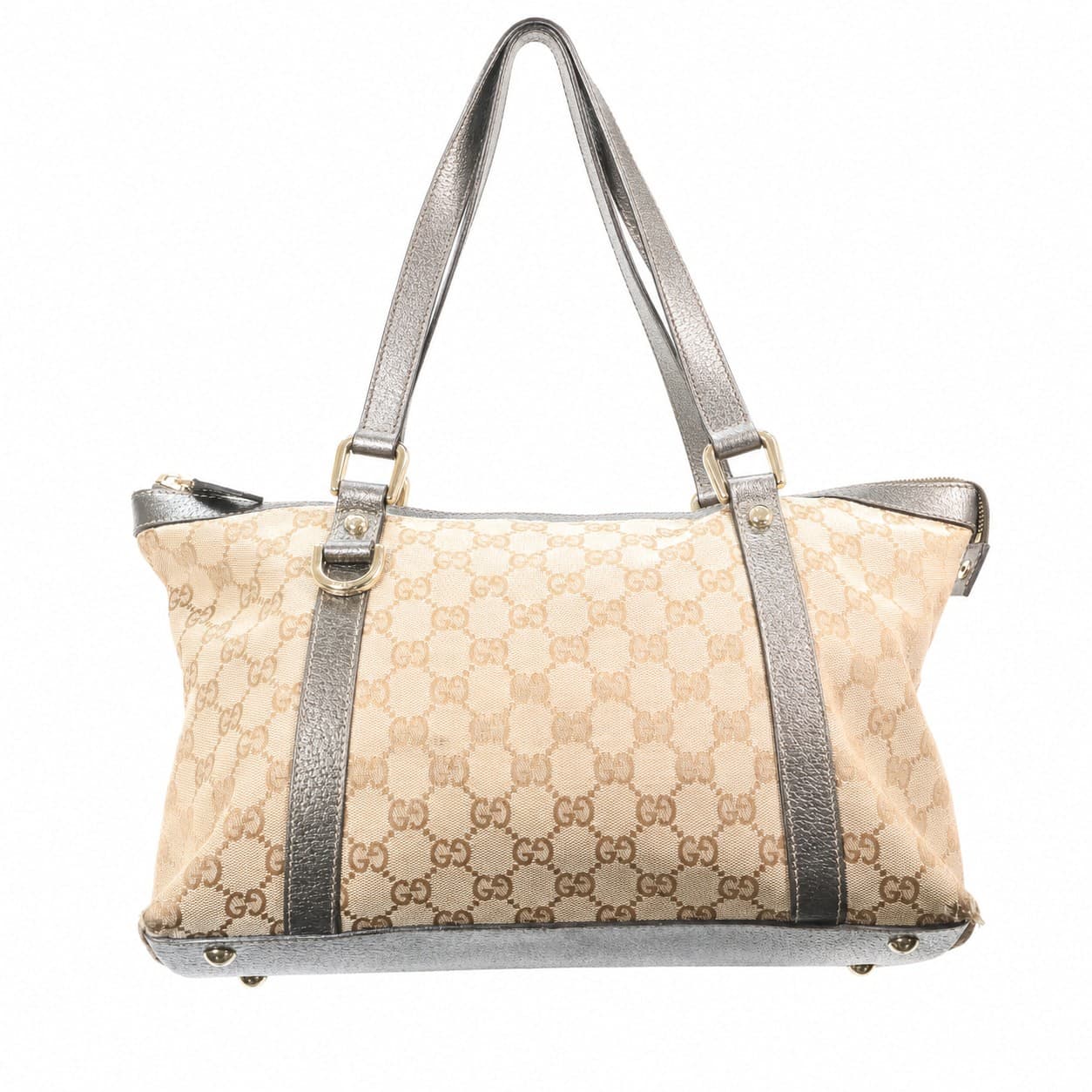 Gucci GG Canvas Metallic Leather Shoulder Bag Handbag Purse Beige