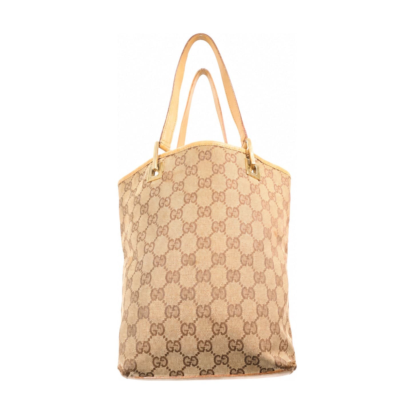 Gucci GG Monogram Canvas Tote Bag Handbag Purse Shoulder Bag Beige Leather