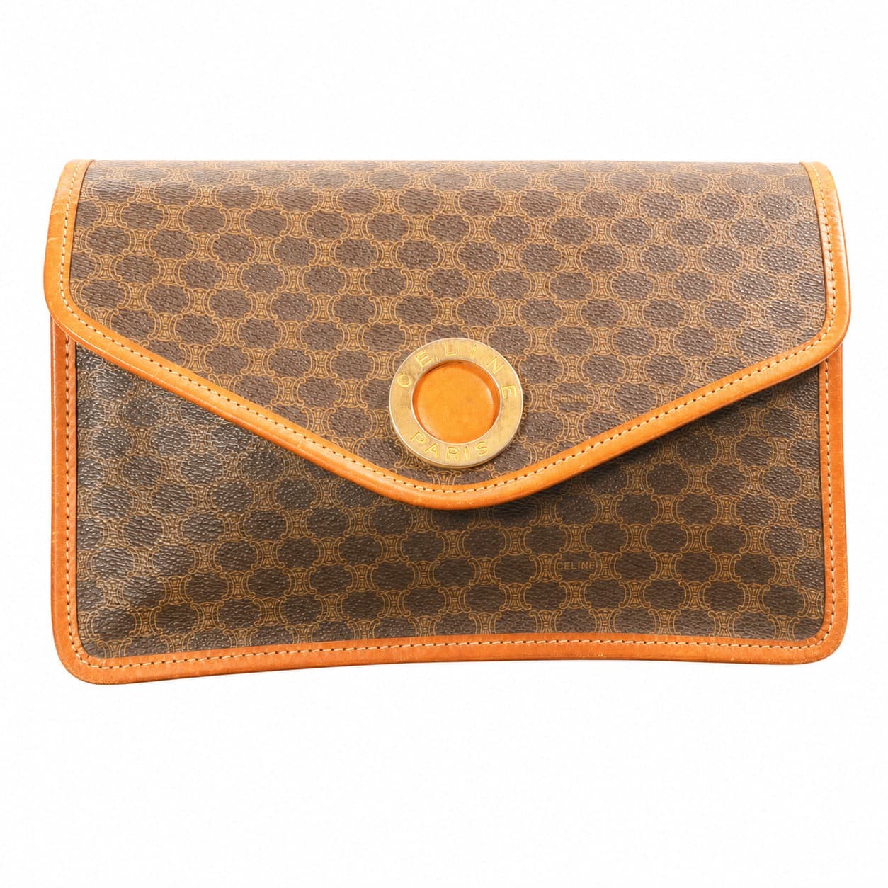 Céline Macadam Envelope Clutch Handbag Purse Bag Coated Canvas Leather Brown