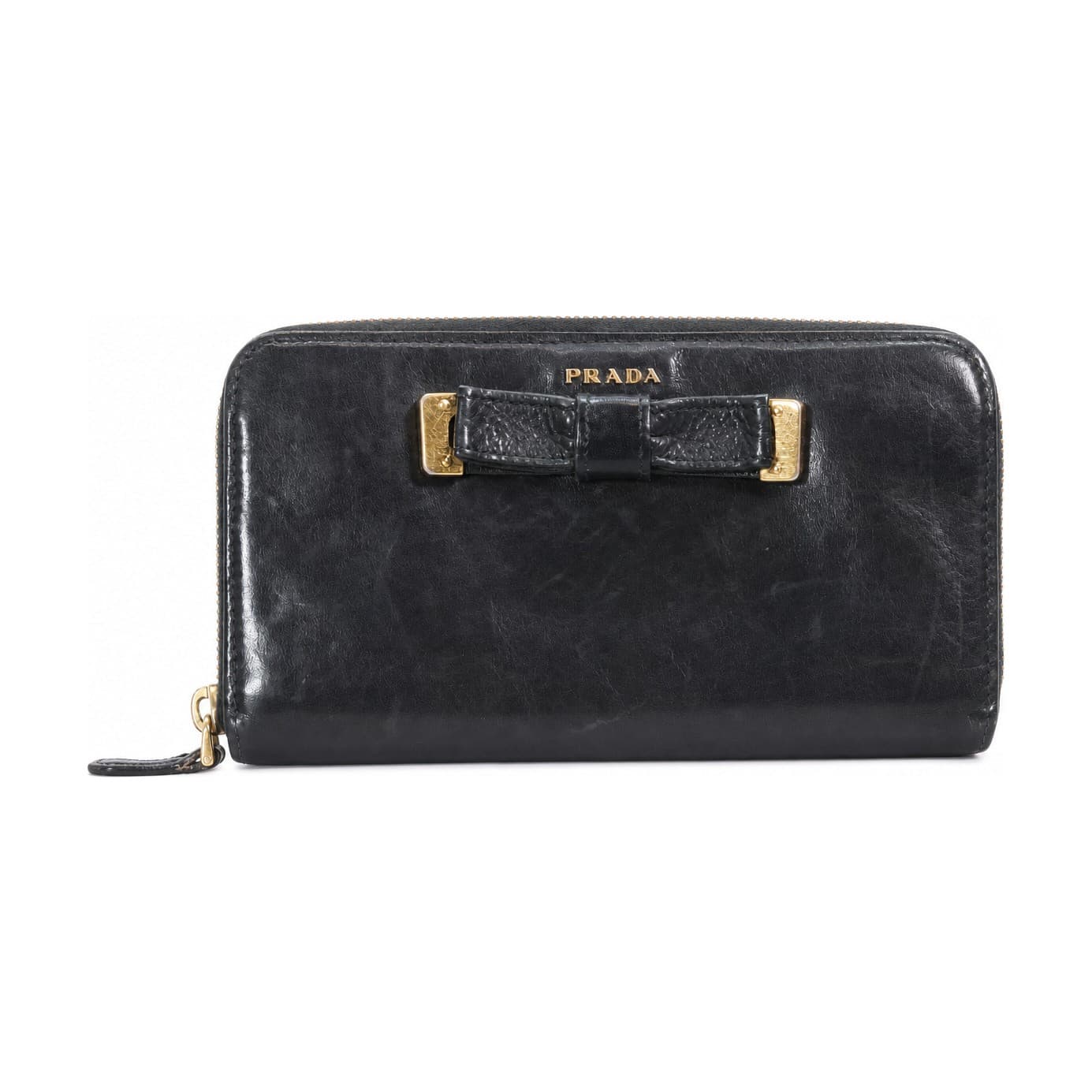 Prada Black Leather Bow Zip Around Continental Wallet Gold Hardware