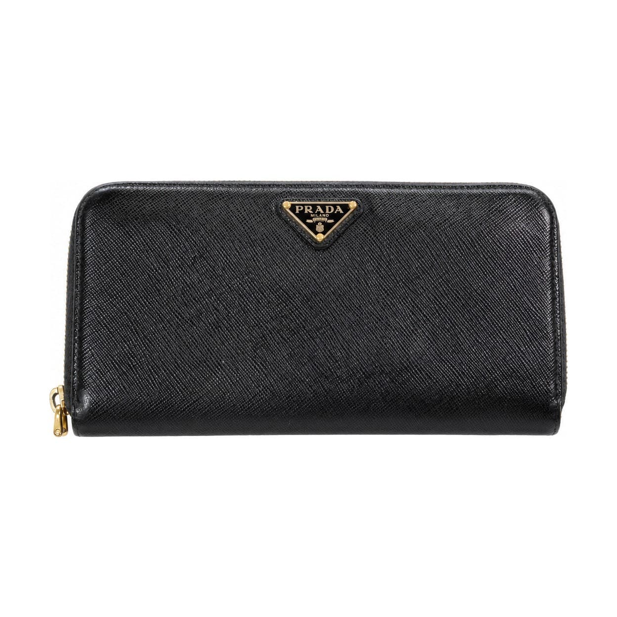 Prada Saffiano Leather Zip Around Wallet Black Gold Hardware