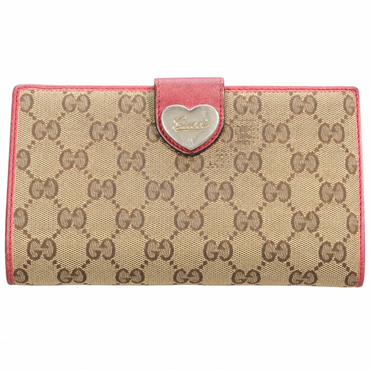 Gucci Lovely Heart GG Canvas Continental Wallet Pink Leather Beige Monogram