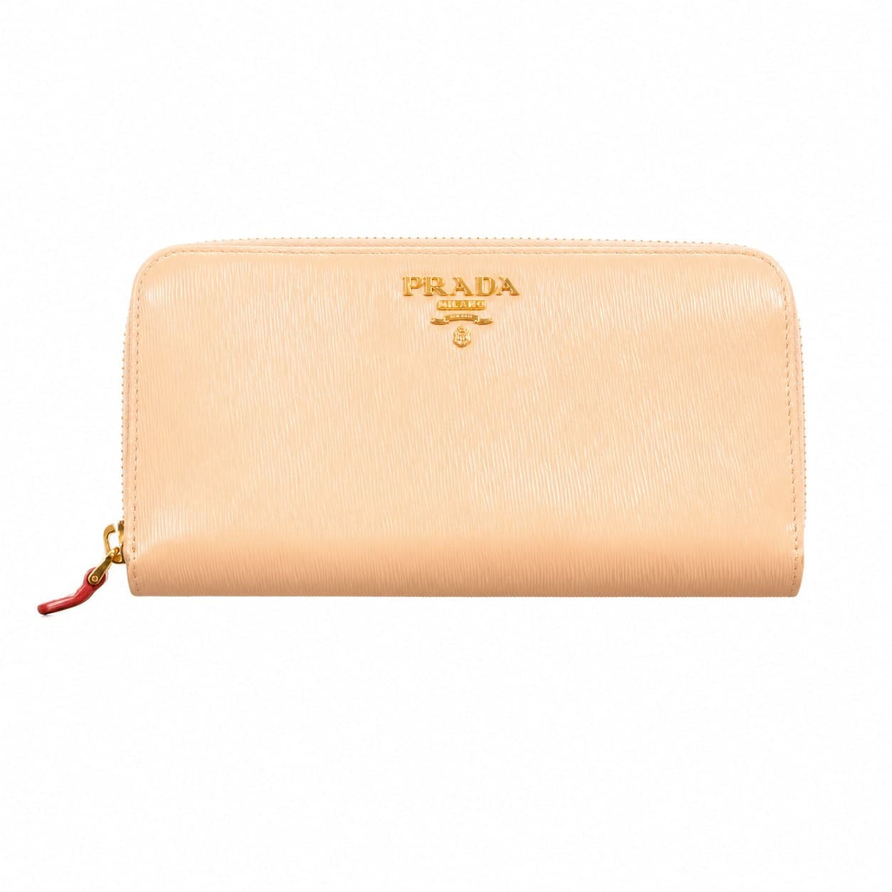 Prada Vitello Move Cipria Beige Leather Zip Around Wallet Gold Hardware