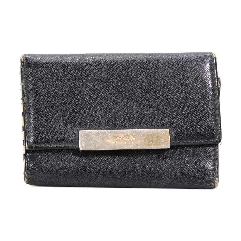 Prada Saffiano Leather Compact Trifold Wallet Black Gold Hardware