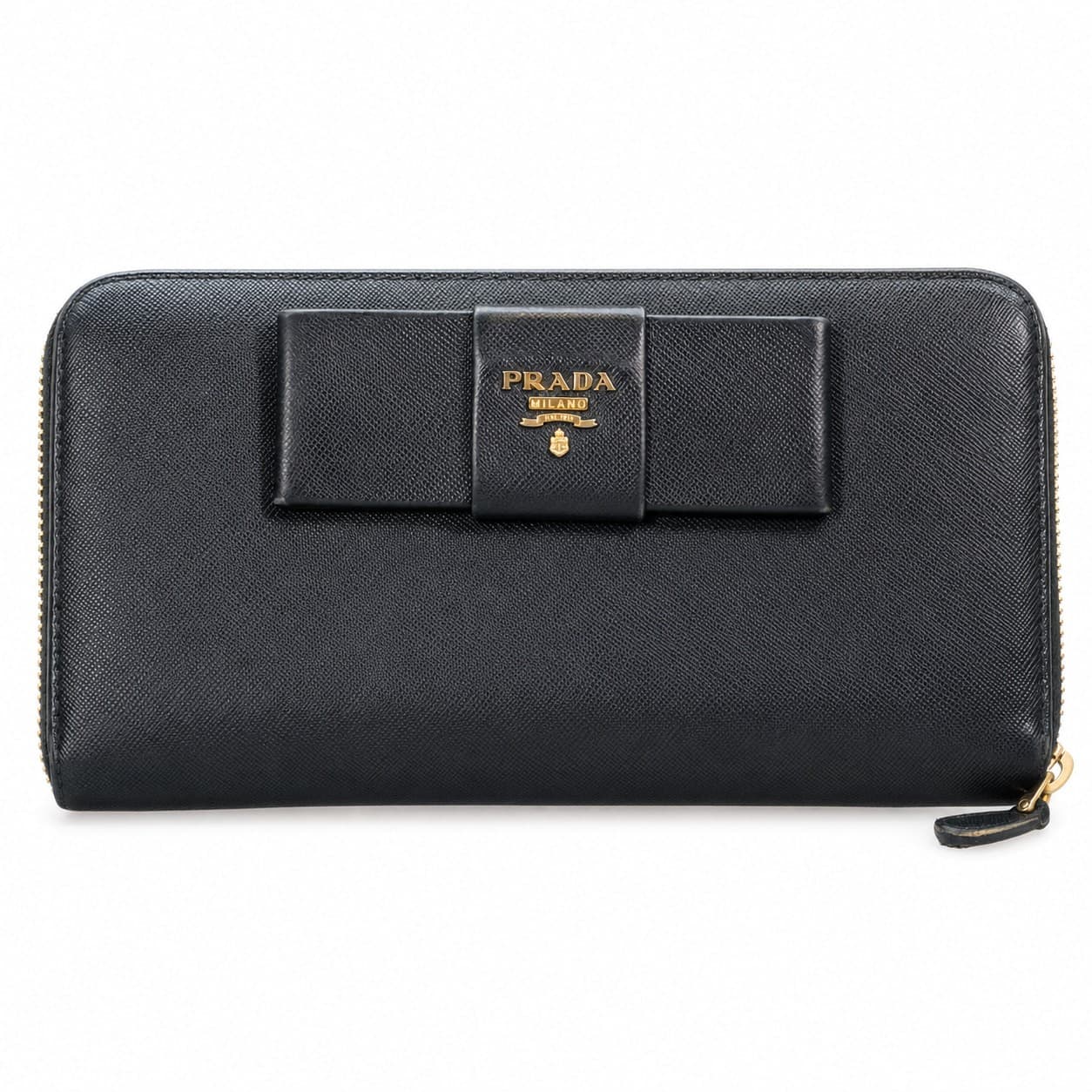 Prada Saffiano Fiocco Bow Zip Around Wallet Black Leather Continental