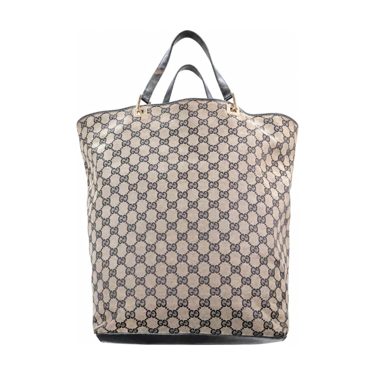 Gucci GG Monogram Canvas Beige Ebony Large Tote Handbag Purse Bag Black Leather