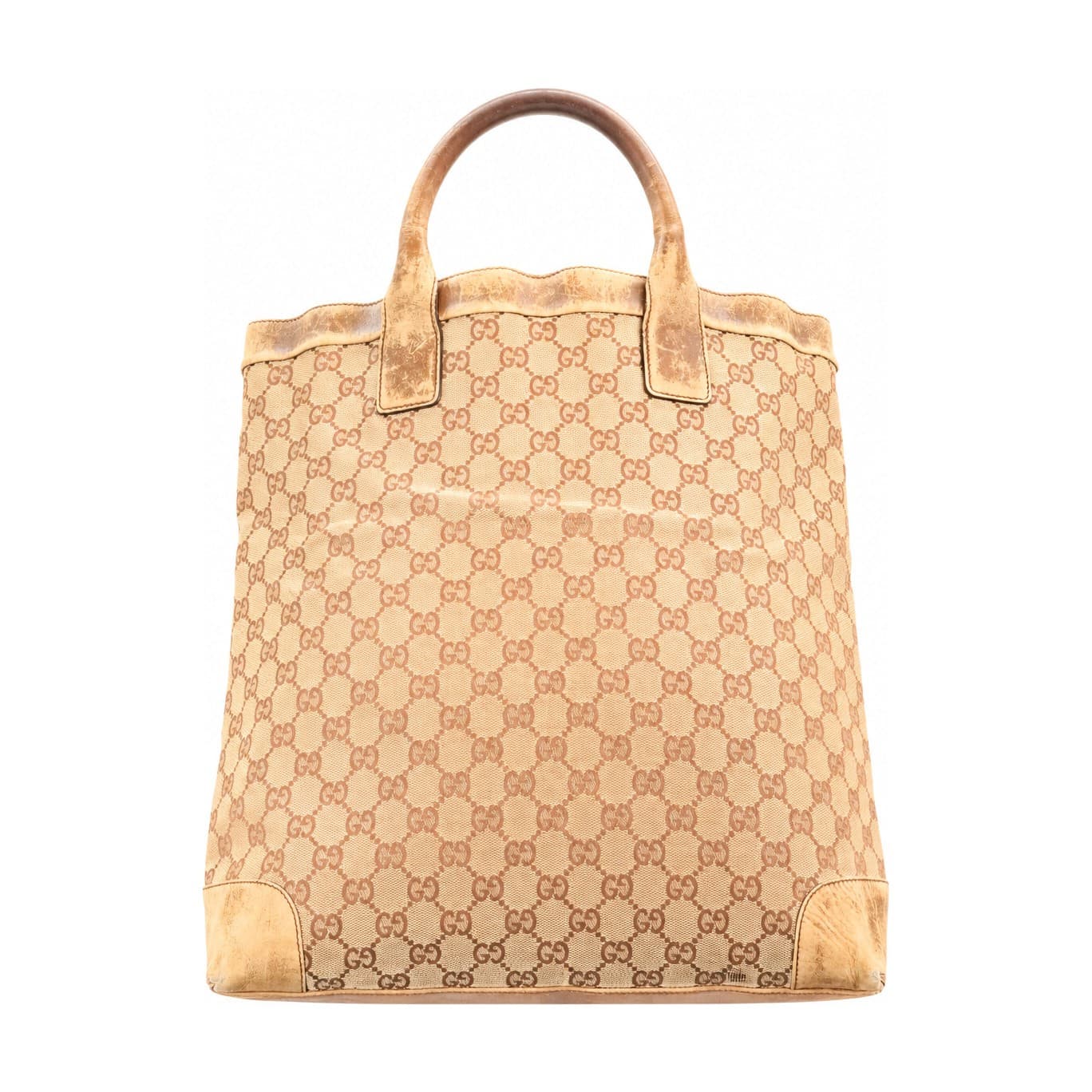 Gucci GG Monogram Canvas Tote Bag Handbag Purse Gold Leather Beige Top Handle