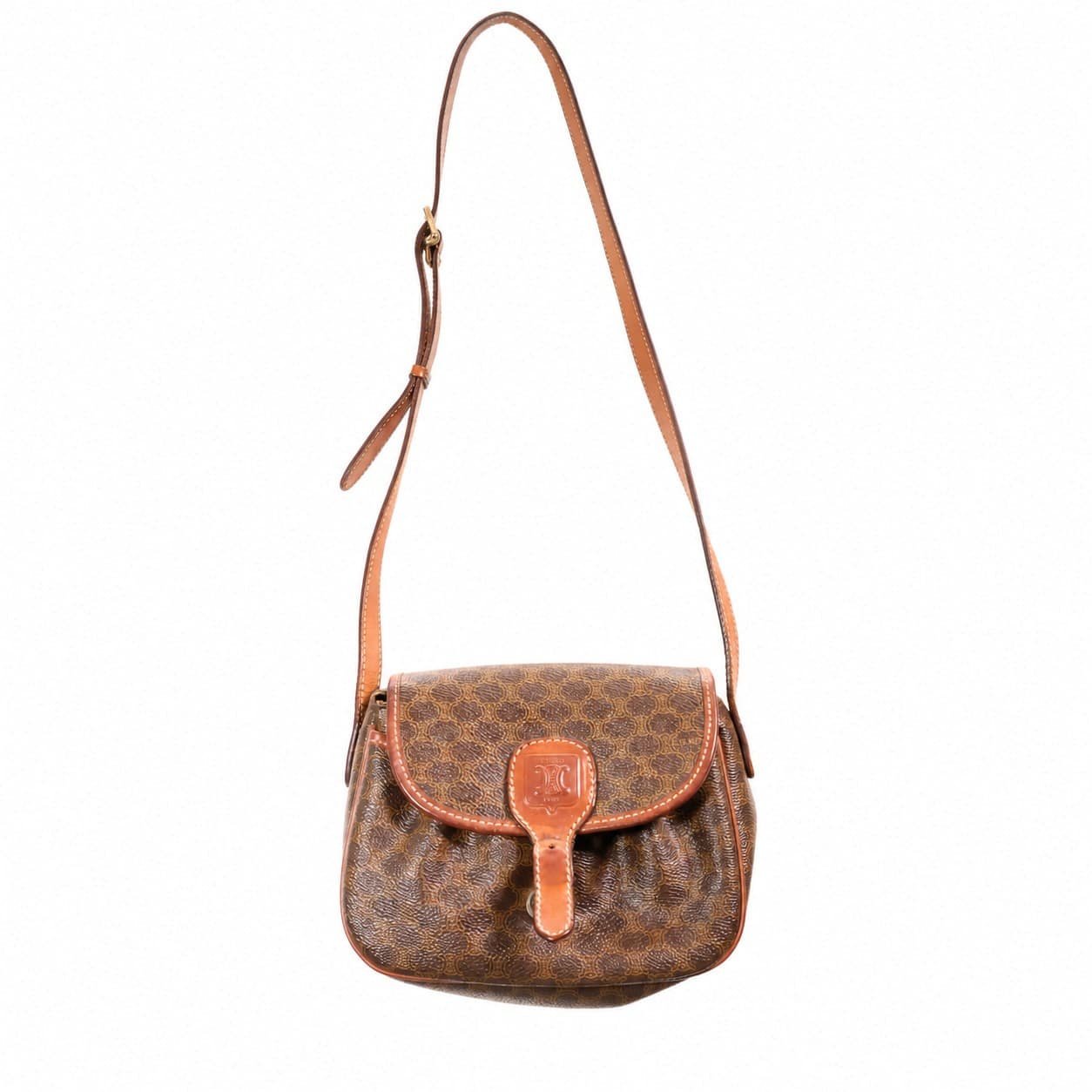 Céline Macadam Crossbody Shoulder Bag Purse Brown Canvas Leather Flap