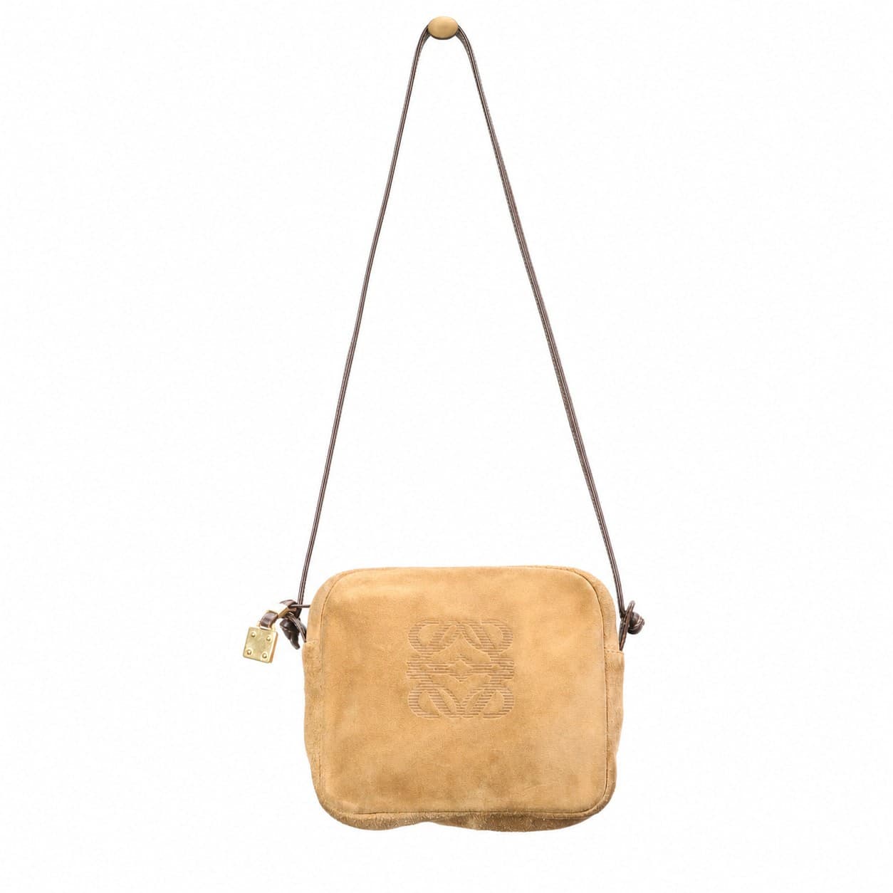 Loewe Anagram Suede Crossbody Shoulder Bag Handbag Purse Tan Brown Leather