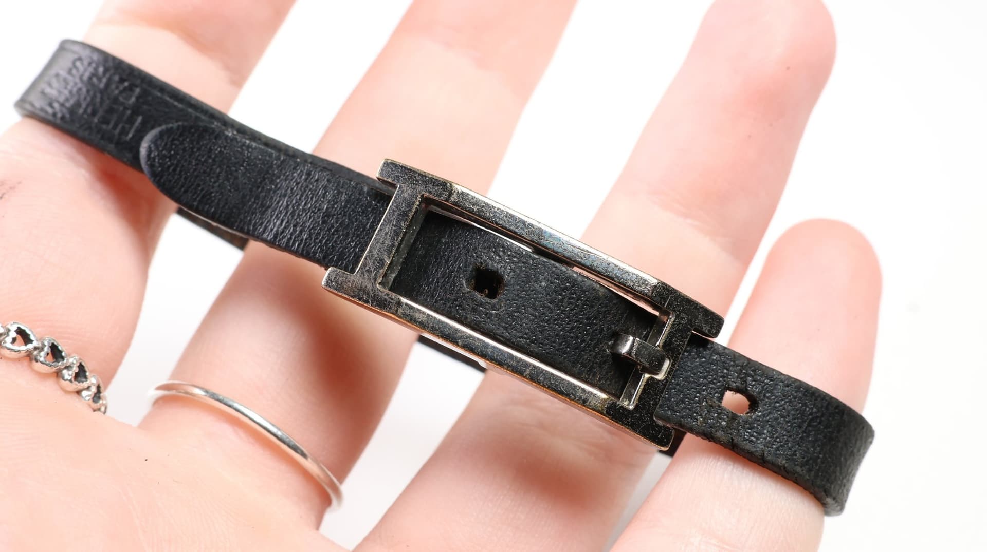 Hermès Black Leather Strap Bracelet Silver Tone H Buckle Adjustable Wristband