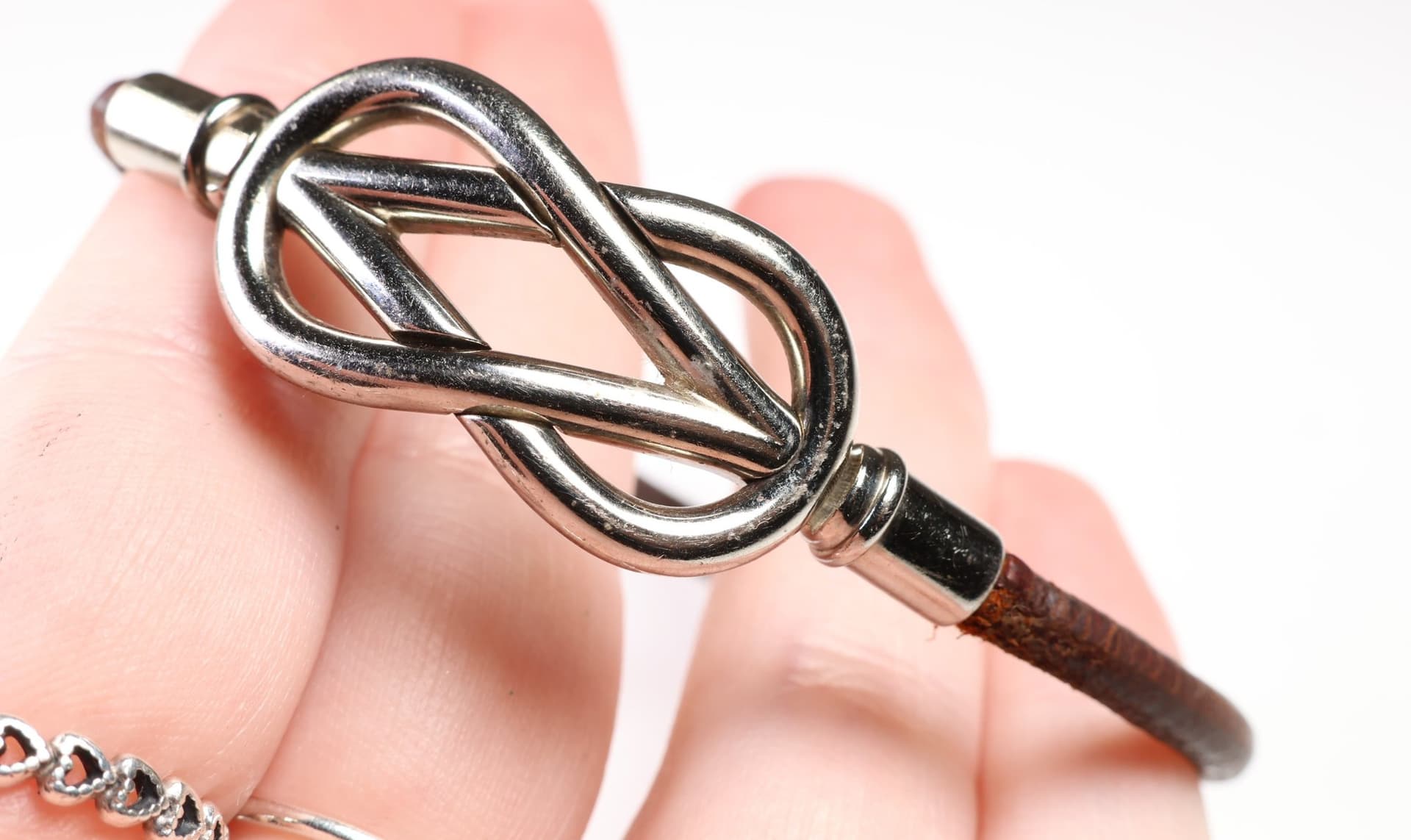 Hermès Atame Brown Leather Cord Bracelet Silver Tone Knot Clasp Women's Jewelry