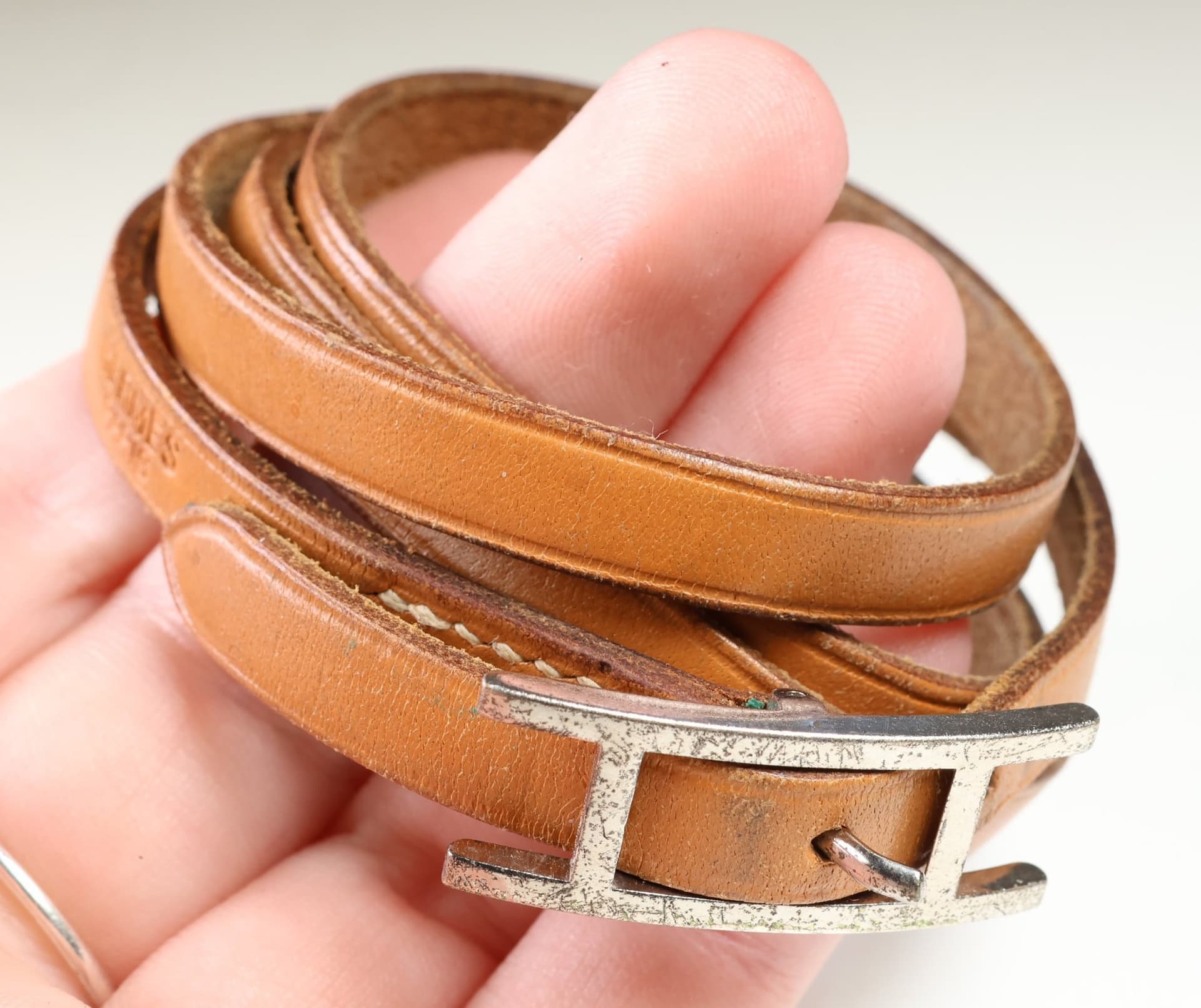 Hermès Behapi Tan Leather Wrap Bracelet With Silver Tone H Buckle And Pin Closure