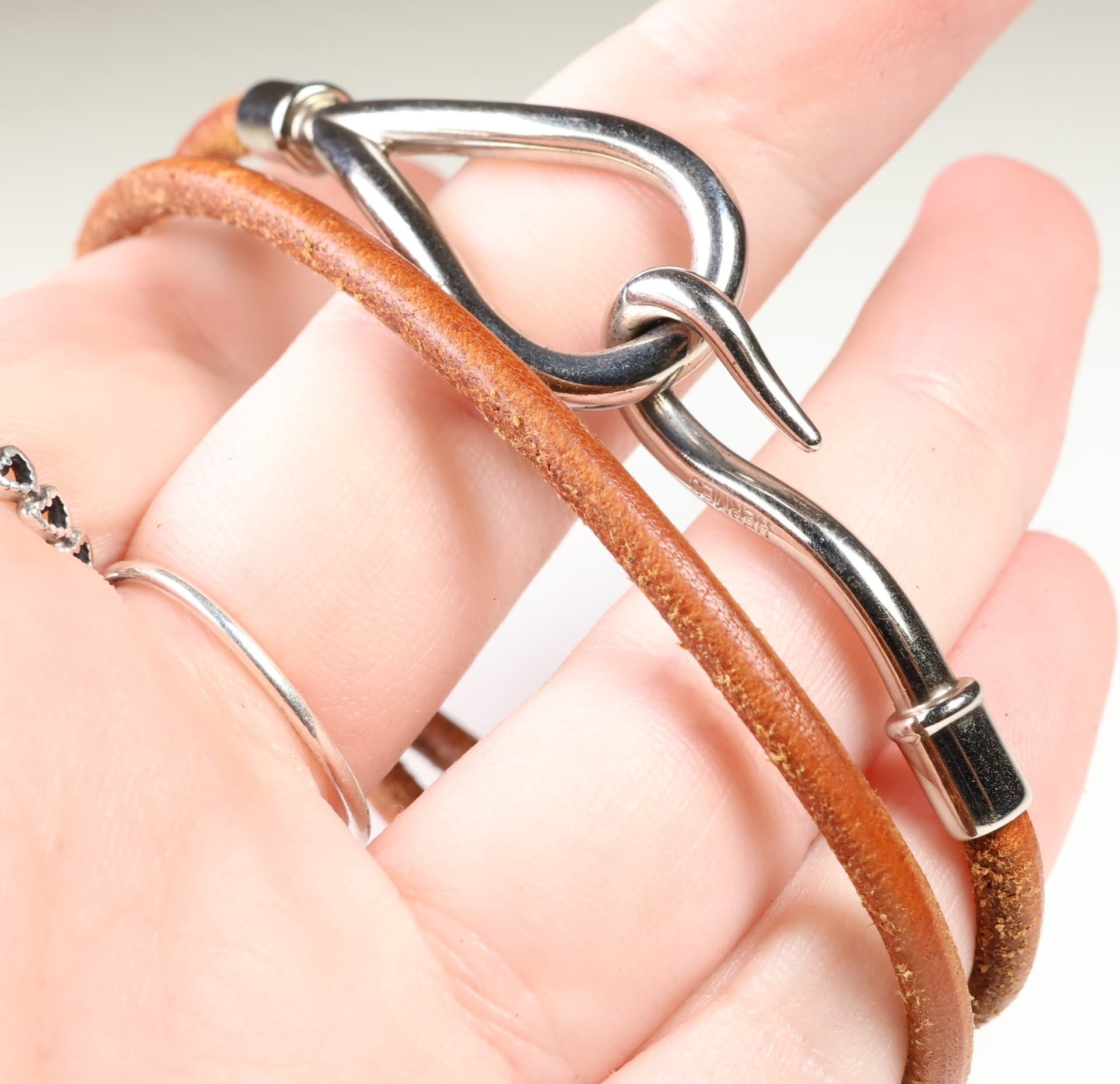 Hermès Jumbo Hook Double Tour Brown Leather Wrap Bracelet Silver Tone Hook Clasp