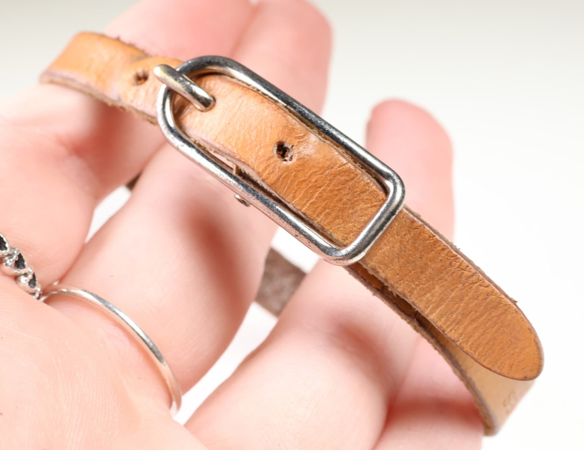 Hermès Tan Leather Strap Bracelet Silver Tone Pin Buckle Wrist Bracelet Cuff