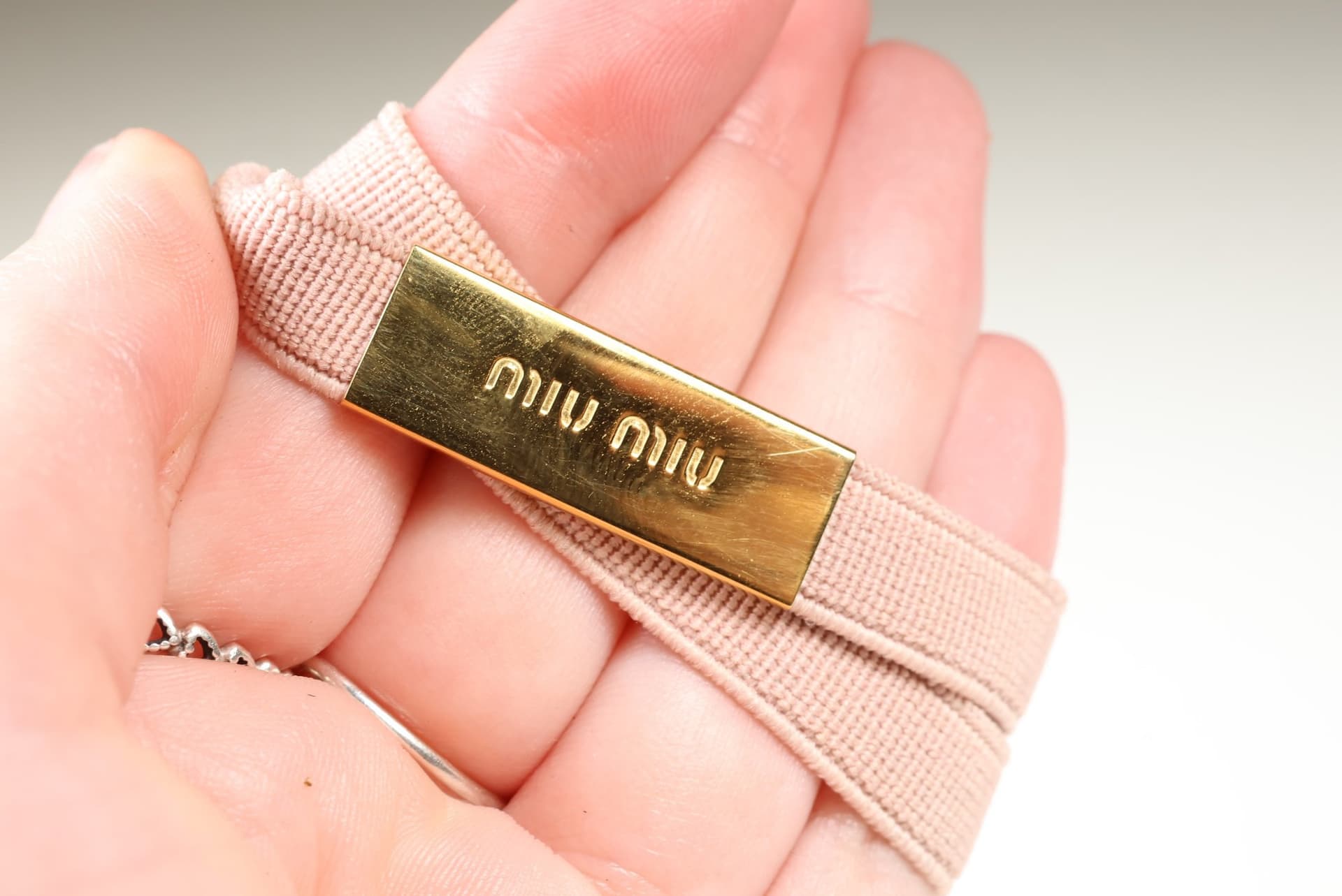 Miu Miu Pink Elastic Headband Hair Band Gold Tone Logo Plaque Hair Accessory