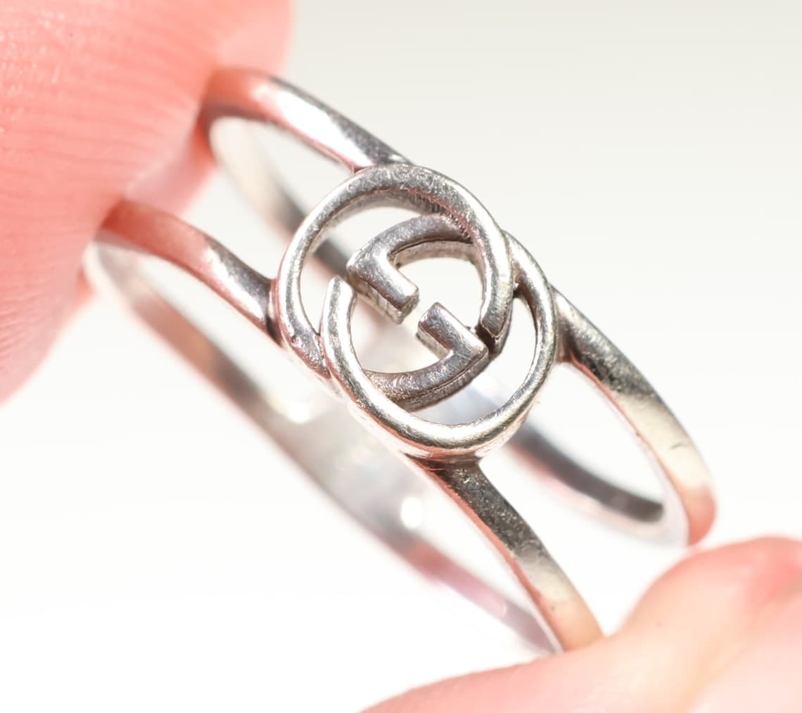 Gucci Interlocking G Sterling Silver Double Band Ring Cutout GG Logo