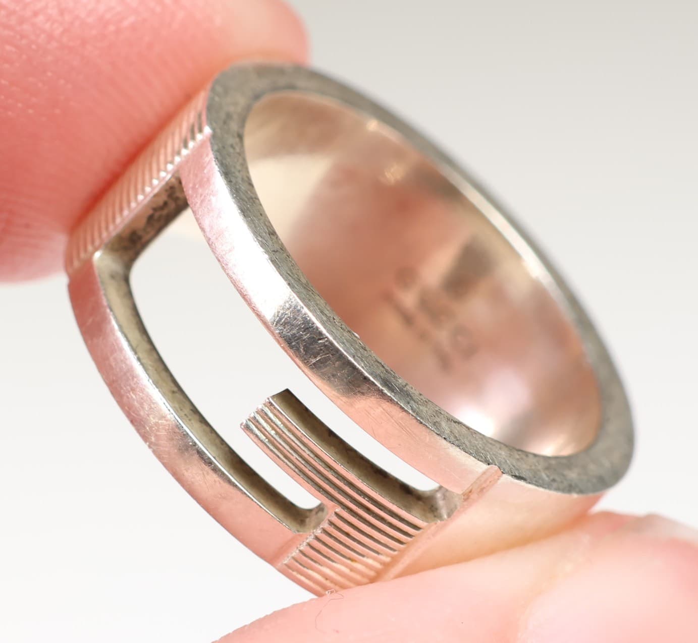 Gucci Sterling Silver Cut-Out G Logo Wide Band Ring Signed Designer Silver Ring