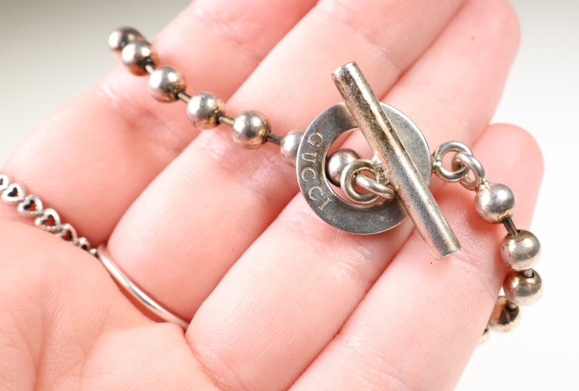 Gucci Boule Sterling Silver Ball Bead Bracelet Chain With Logo Toggle Clasp Jewelry