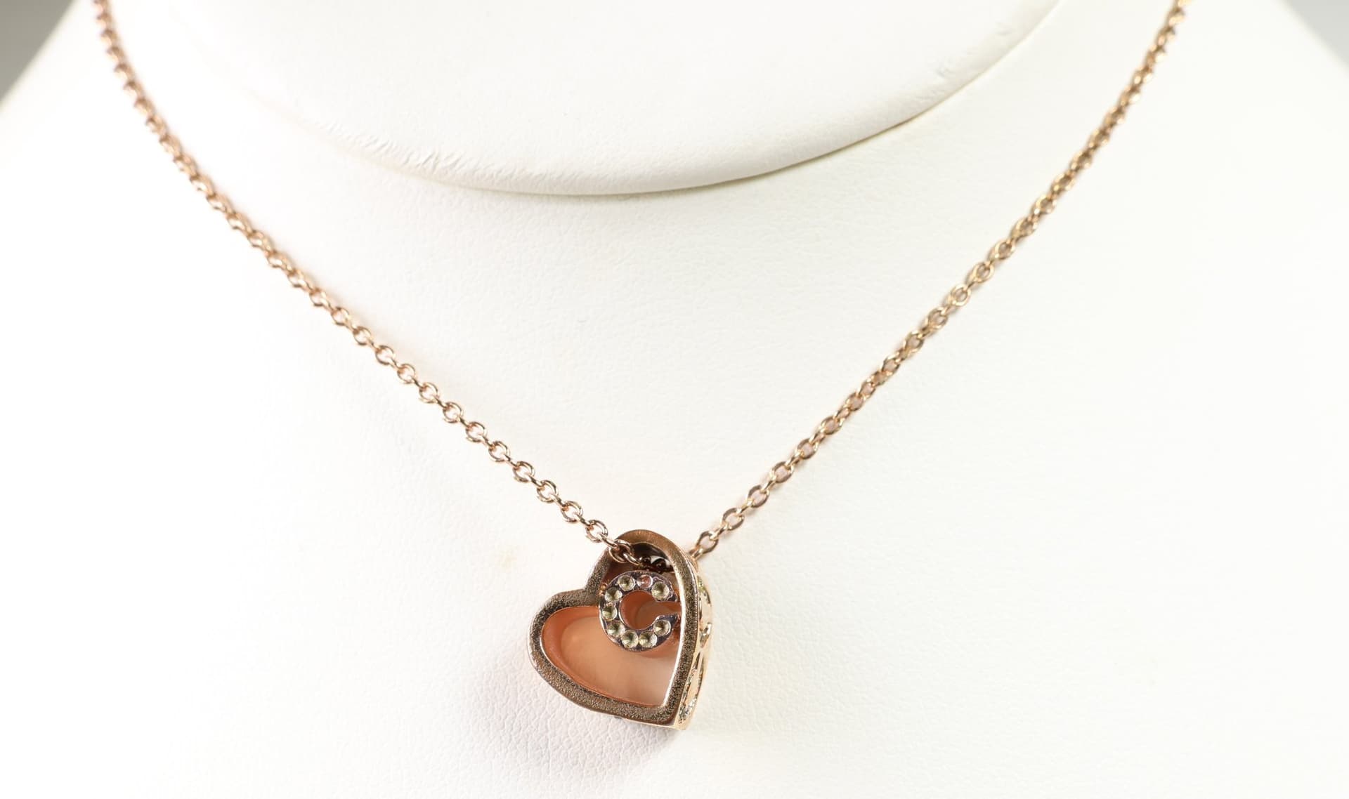 Coach Rose Gold Tone Heart Pendant Necklace C Logo Clear Stone Pave Cable Chain
