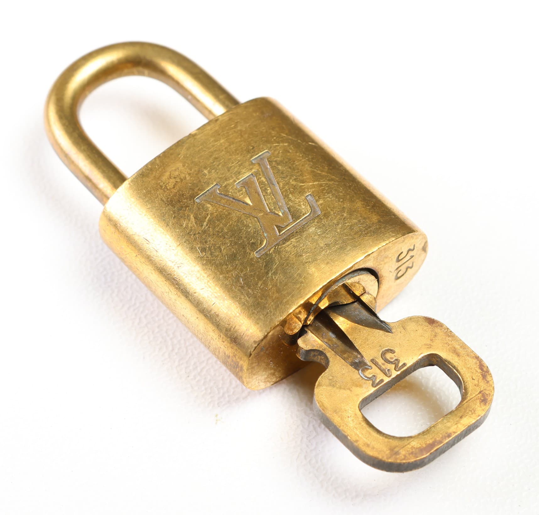 Louis Vuitton Padlock And Key Set Gold Tone LV Logo Bag Lock Handbag Purse Accessory