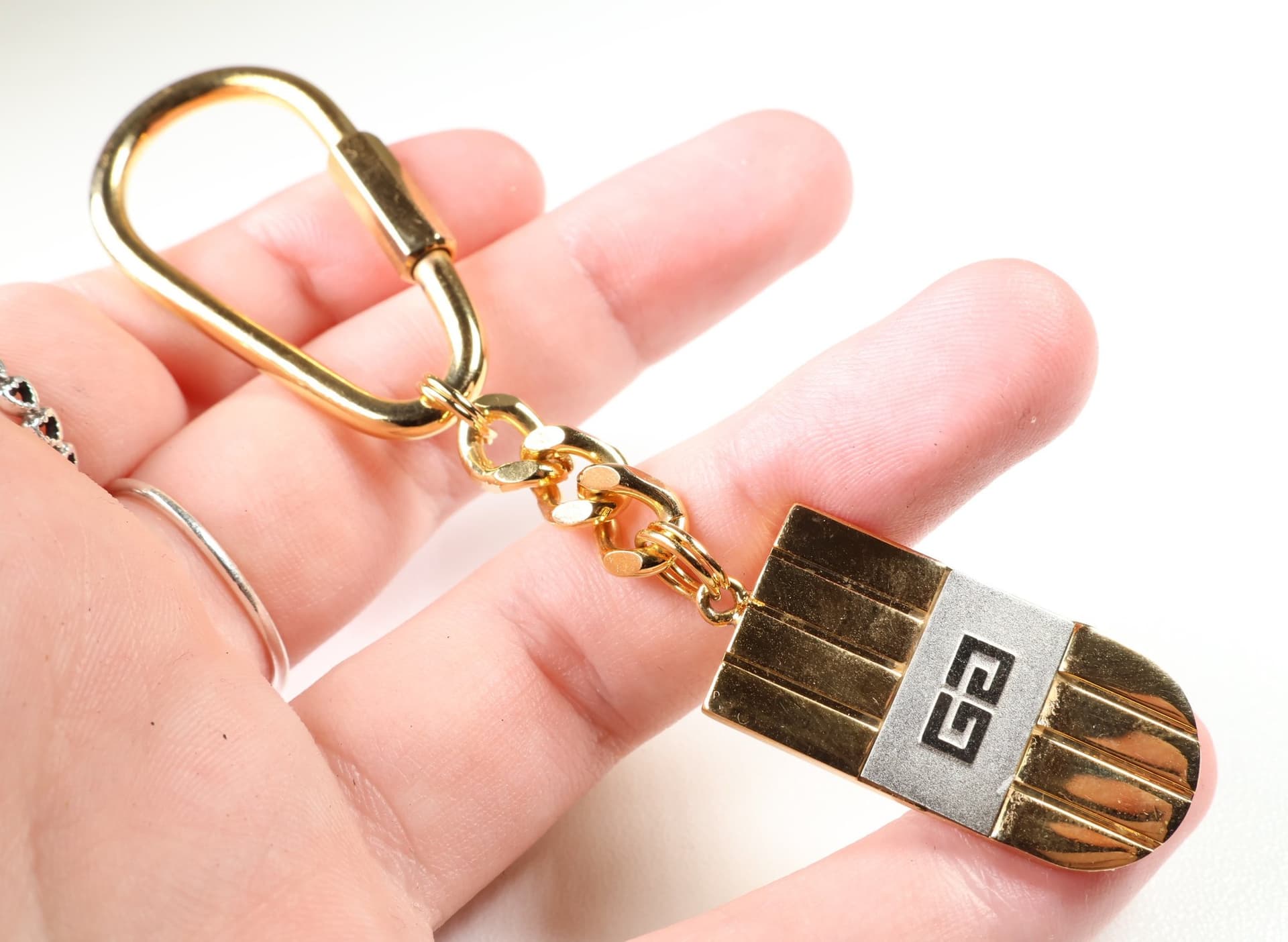Givenchy Double G Logo Keychain Key Ring Key Fob Gold Tone Silver Tone Two-Tone