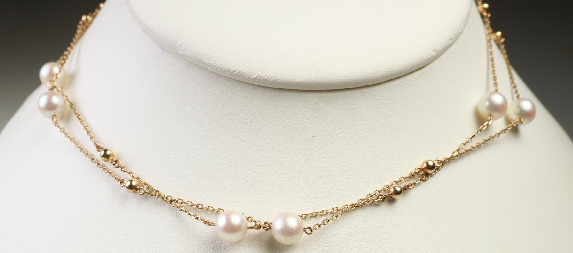 Mikimoto 14K Yellow Gold Station Necklace Chain Pearl Gold Ball Beads