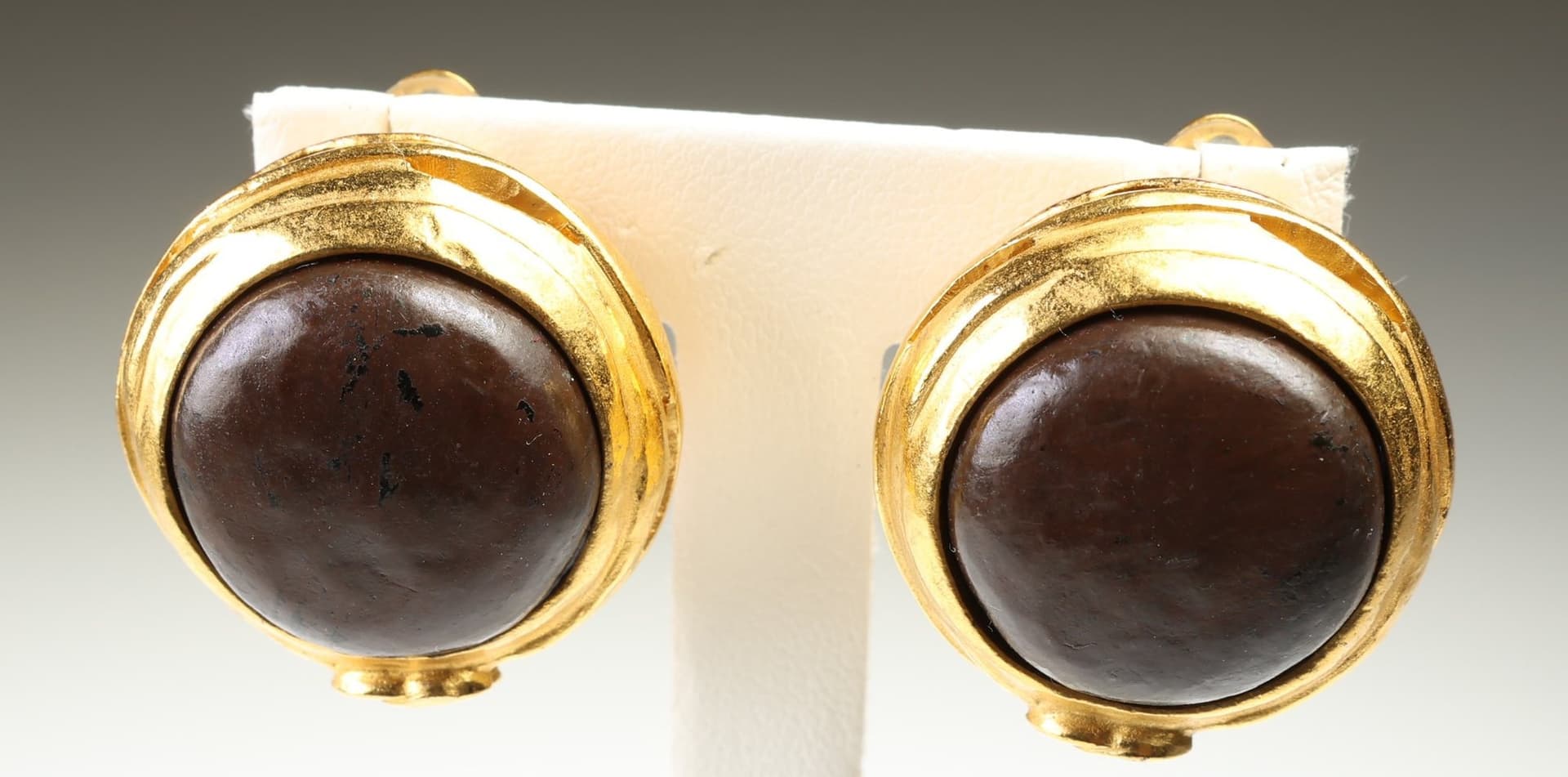 Chanel CC Logo Gold Tone Brown Cabochon Clip On Earrings 97A Fall 1997 Pair