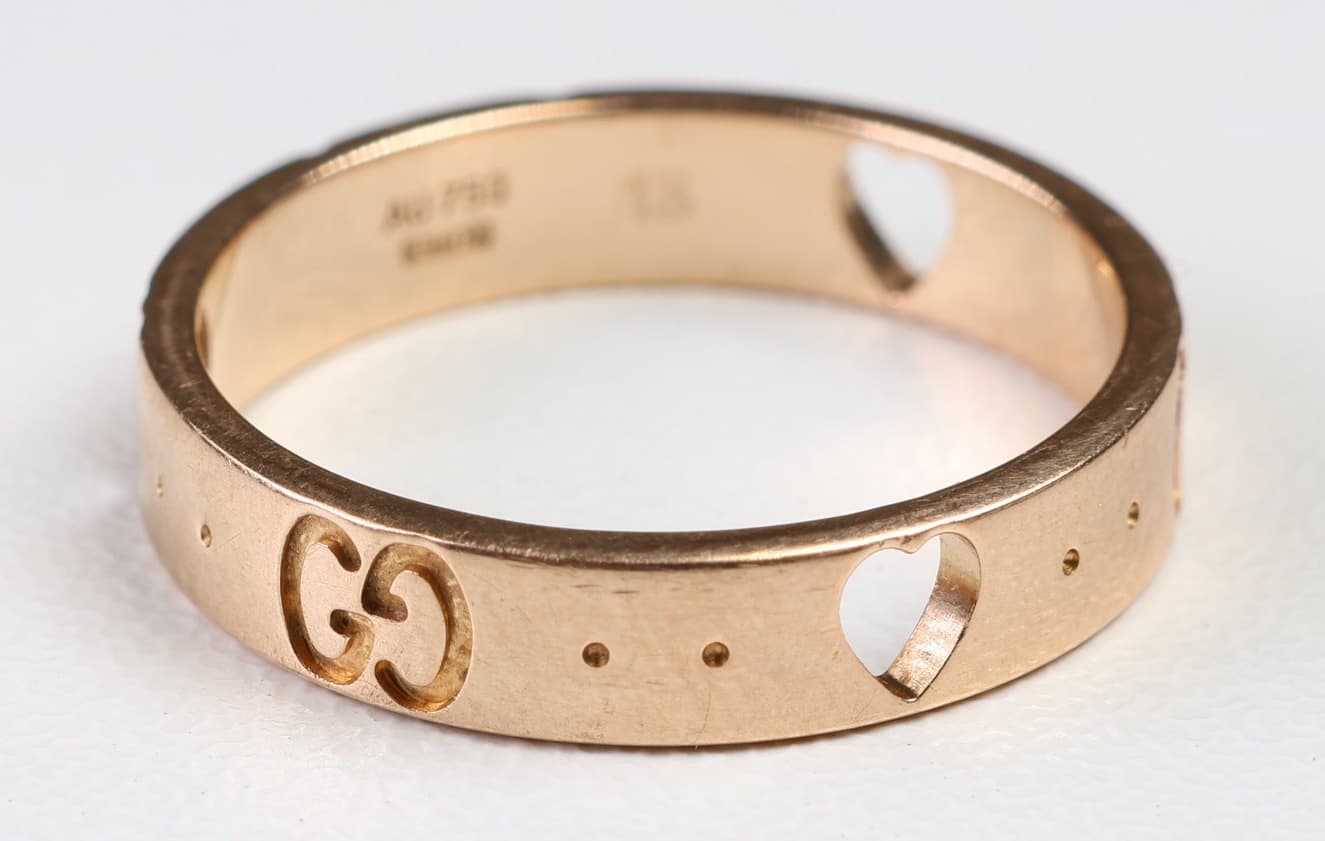 Gucci Icon 18K Rose Gold GG Logo Heart Cutout Band Ring Wedding Stacking Ring