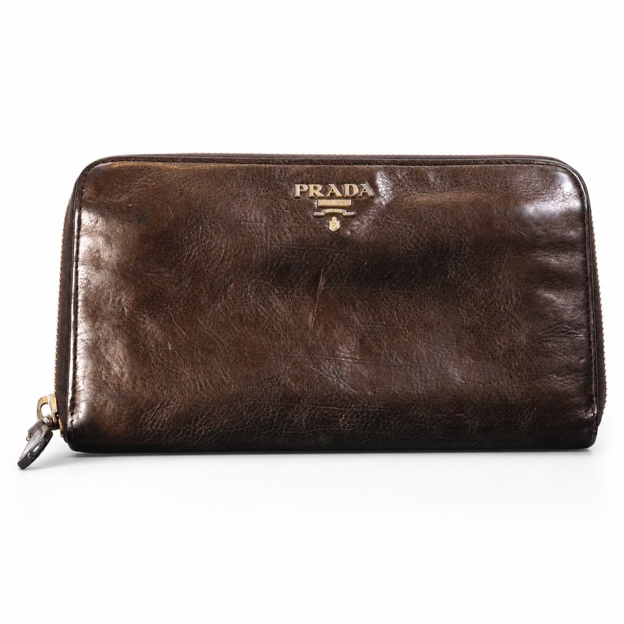 Prada Brown Leather Zip Around Continental Wallet Purse handbags auction at Alighieri's